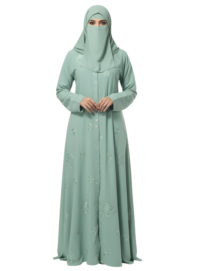 Emerald Green Embroidered Abaya Dress – Elegant Full-Coverage Modest Burqa