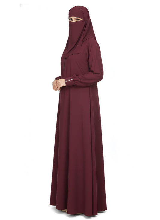 Embossed Abaya with Elastic Sleeves – Soft Nida Fabric, A-Line Modest Design