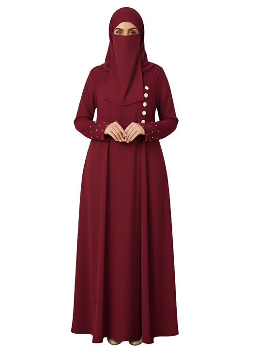 Wine Maroon A-Line Burqa Abaya with Button-Detail – Modest Fashion Maxi Dress
