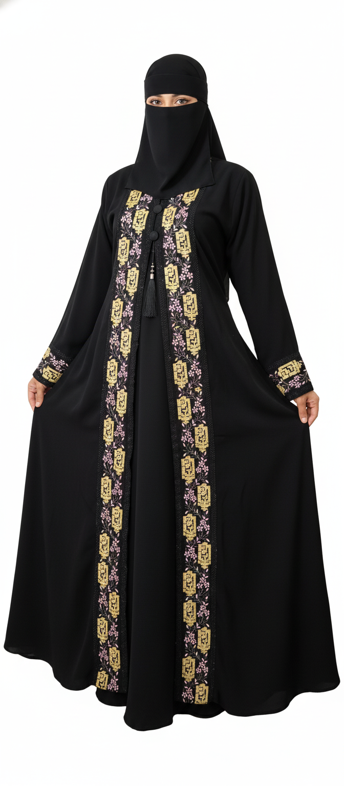Women’s Embroidered Double Gown Abaya, Front‑Open Gown Style Burqa