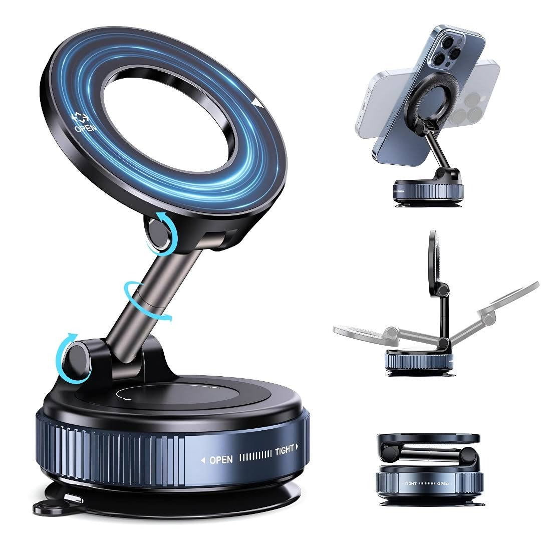 Vacuum Suction Magnetic Phone Holder Stand Mount | 360° Adjustable, Foldable Magnetic Phone Holder for Car