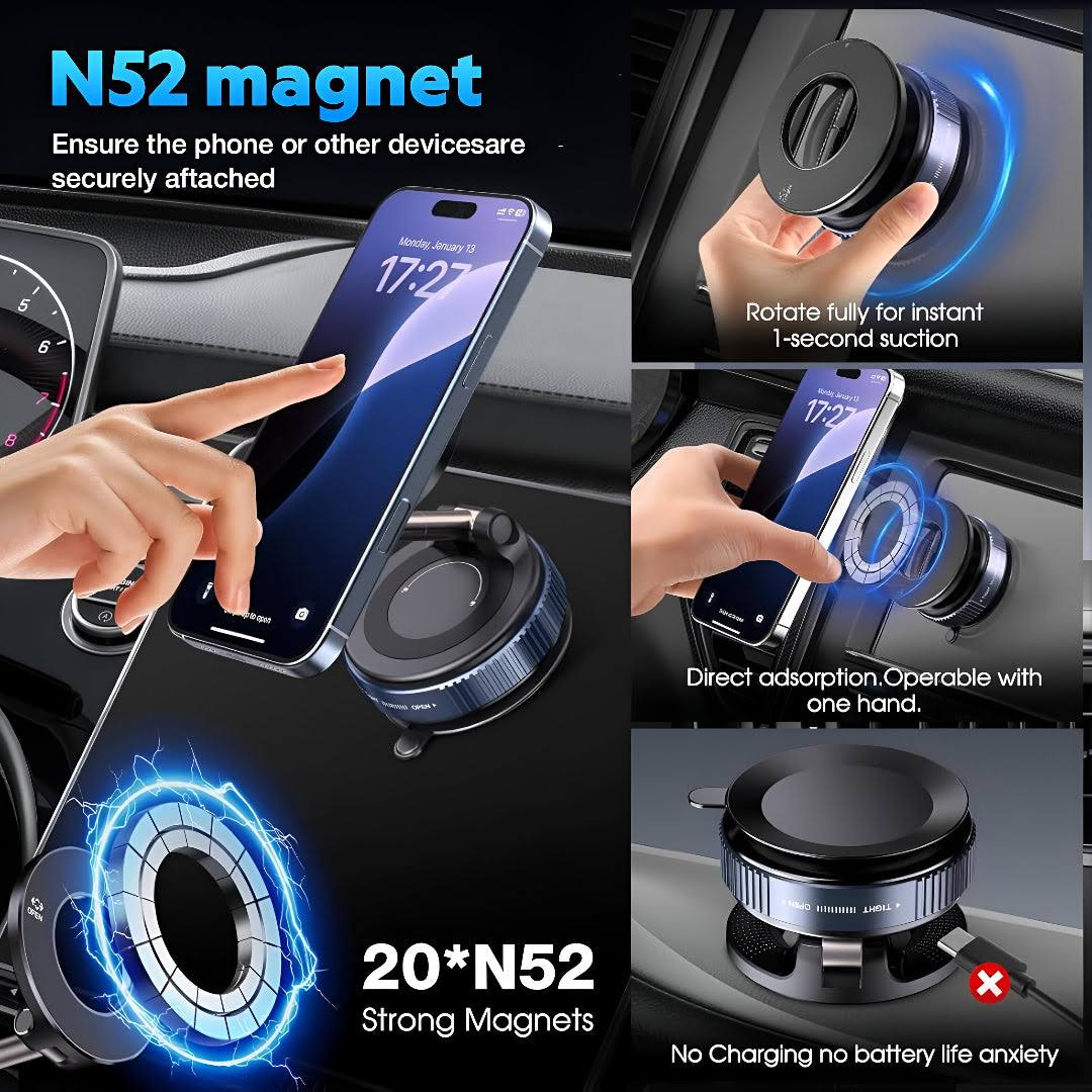 Vacuum Suction Magnetic Phone Holder Stand Mount | 360° Adjustable, Foldable Magnetic Phone Holder for Car