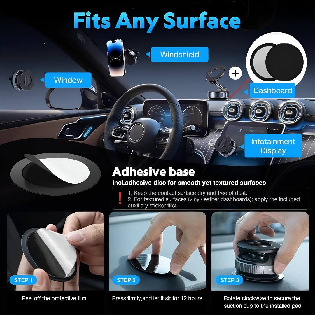 Vacuum Suction Magnetic Phone Holder Stand Mount | 360° Adjustable, Foldable Magnetic Phone Holder for Car