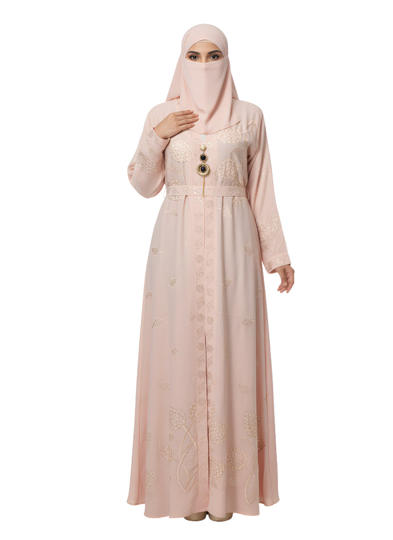 Cardigan Abaya with Metallic Braid Detail – Open Front, Modest Long Coat Style