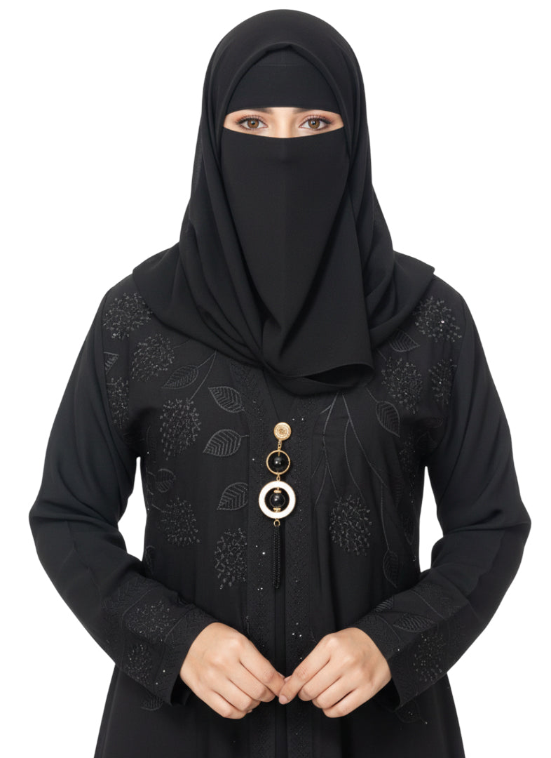 Cardigan Abaya with Metallic Braid Detail – Open Front, Modest Long Coat Style