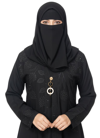 Cardigan Abaya with Metallic Braid Detail – Open Front, Modest Long Coat Style