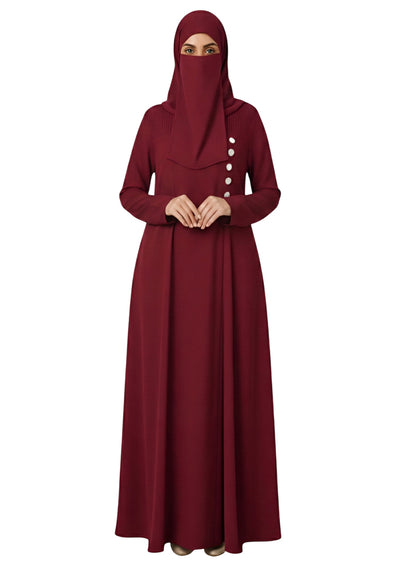 Wine Maroon A-Line Burqa Abaya with Button-Detail – Modest Fashion Maxi Dress