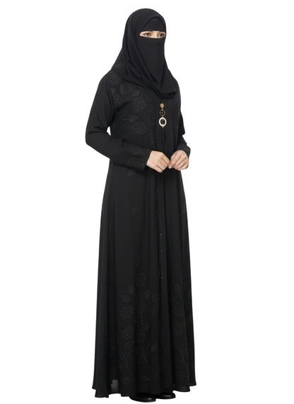 Cardigan Abaya with Metallic Braid Detail – Open Front, Modest Long Coat Style