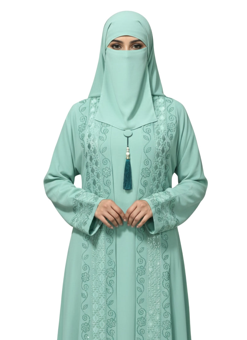 Women’s Front Open Embroidered Abaya Burqa with Metallic Trim and Tassel Detail