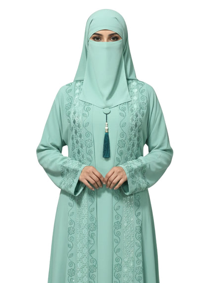 Women’s Front Open Embroidered Abaya Burqa with Metallic Trim and Tassel Detail