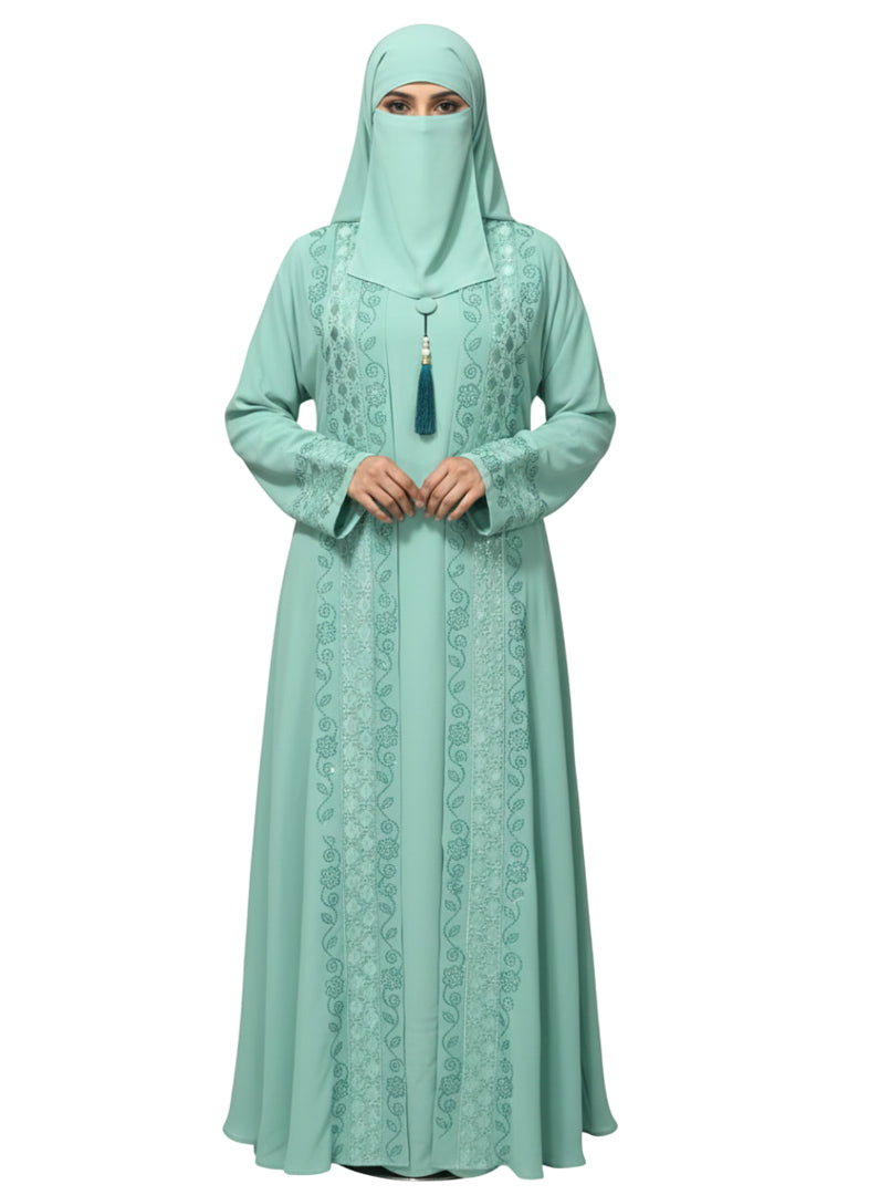 Women’s Front Open Embroidered Abaya Burqa with Metallic Trim and Tassel Detail