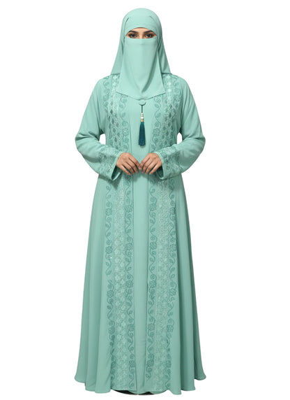 Women’s Front Open Embroidered Abaya Burqa with Metallic Trim and Tassel Detail