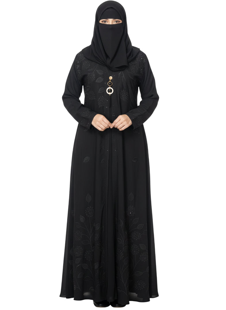 Cardigan Abaya with Metallic Braid Detail – Open Front, Modest Long Coat Style