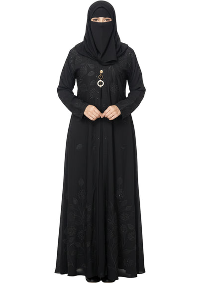 Cardigan Abaya with Metallic Braid Detail – Open Front, Modest Long Coat Style