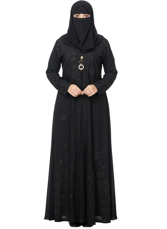 Cardigan Abaya with Metallic Braid Detail – Open Front, Modest Long Coat Style