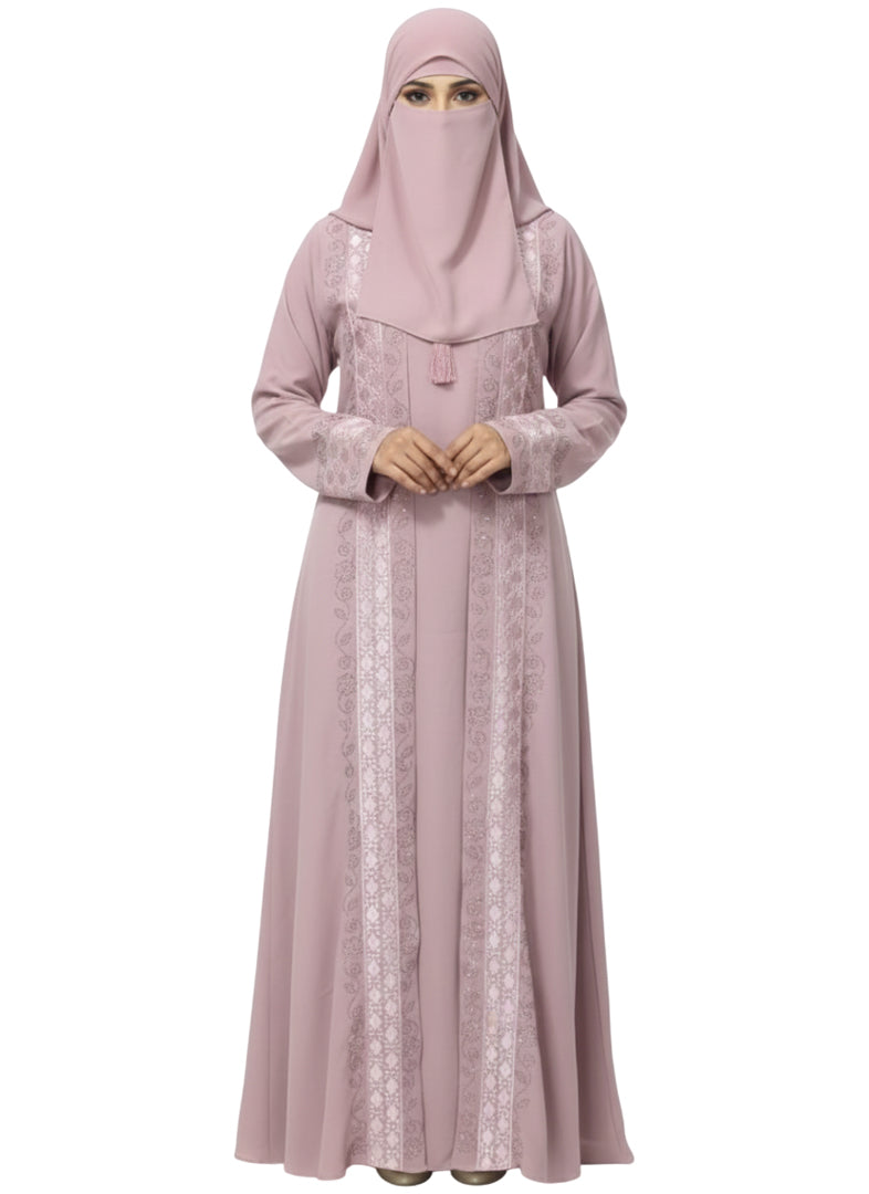 Women’s Front Open Embroidered Abaya Burqa with Metallic Trim and Tassel Detail