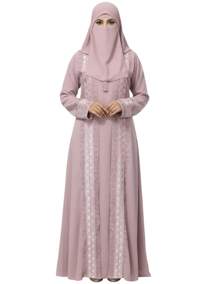 Women’s Front Open Embroidered Abaya Burqa with Metallic Trim and Tassel Detail