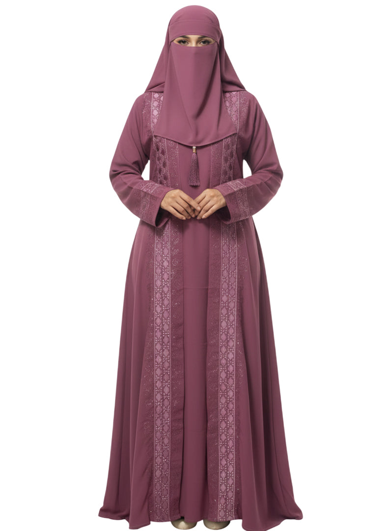 Women’s Front Open Embroidered Abaya Burqa with Metallic Trim and Tassel Detail
