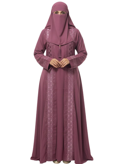 Women’s Front Open Embroidered Abaya Burqa with Metallic Trim and Tassel Detail