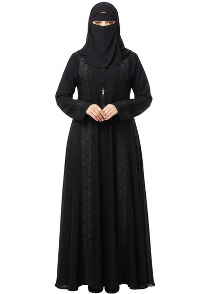 Women’s Front Open Embroidered Abaya Burqa with Metallic Trim and Tassel Detail