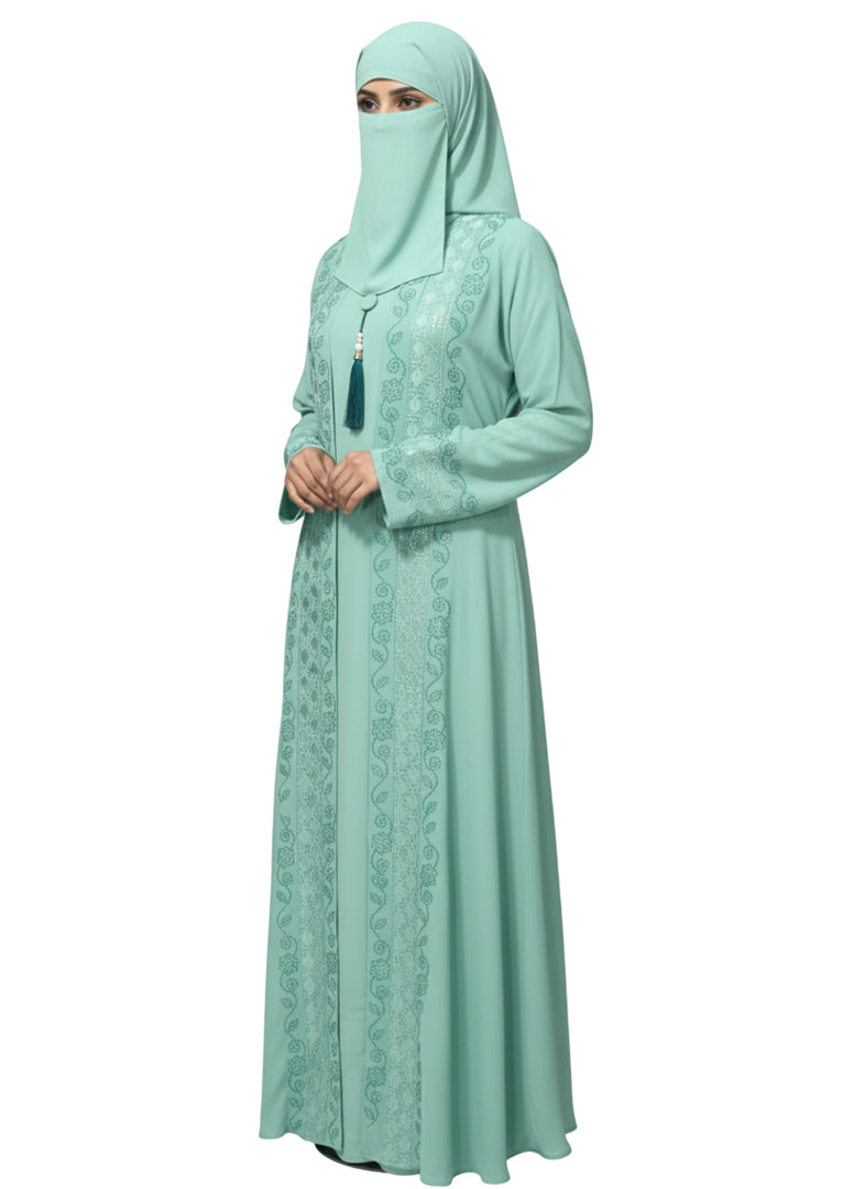 Women’s Front Open Embroidered Abaya Burqa with Metallic Trim and Tassel Detail