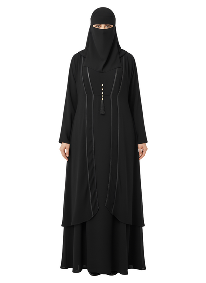 Classic Black Layered Gown Abaya – Modest Full-Length Burqa