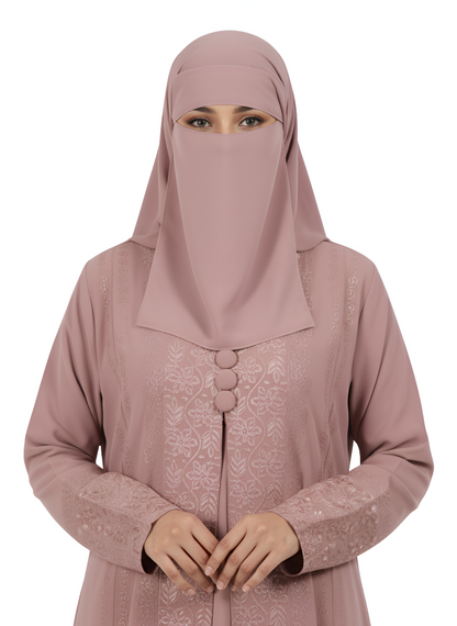 Classic Modest Wear Abaya – Embroidered Front Design in Rose Mauve Burqa