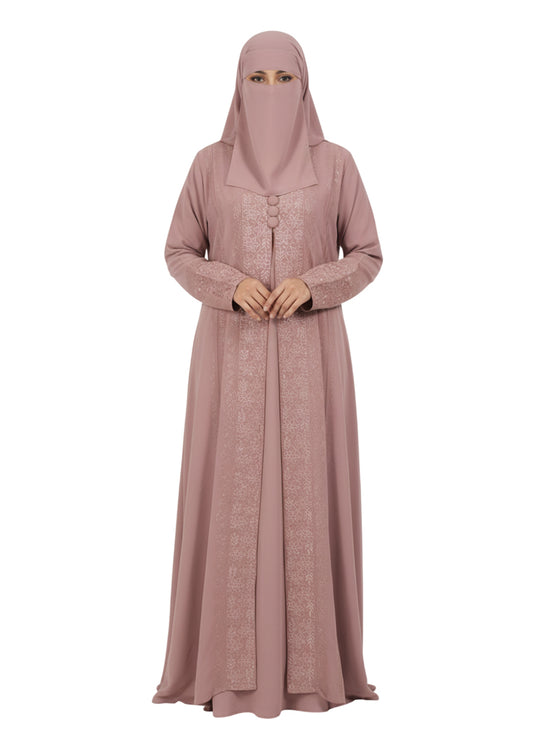 Classic Modest Wear Abaya – Embroidered Front Design in Rose Mauve Burqa