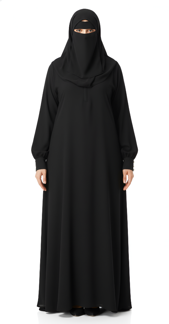 Embossed Abaya with Elastic Sleeves – Soft Nida Fabric, A-Line Modest Design
