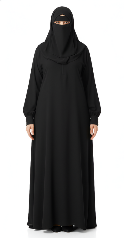 Embossed Abaya with Elastic Sleeves – Soft Nida Fabric, A-Line Modest Design
