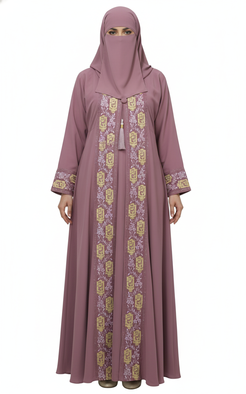 Women’s Embroidered Double Gown Abaya, Front‑Open Gown Style Burqa