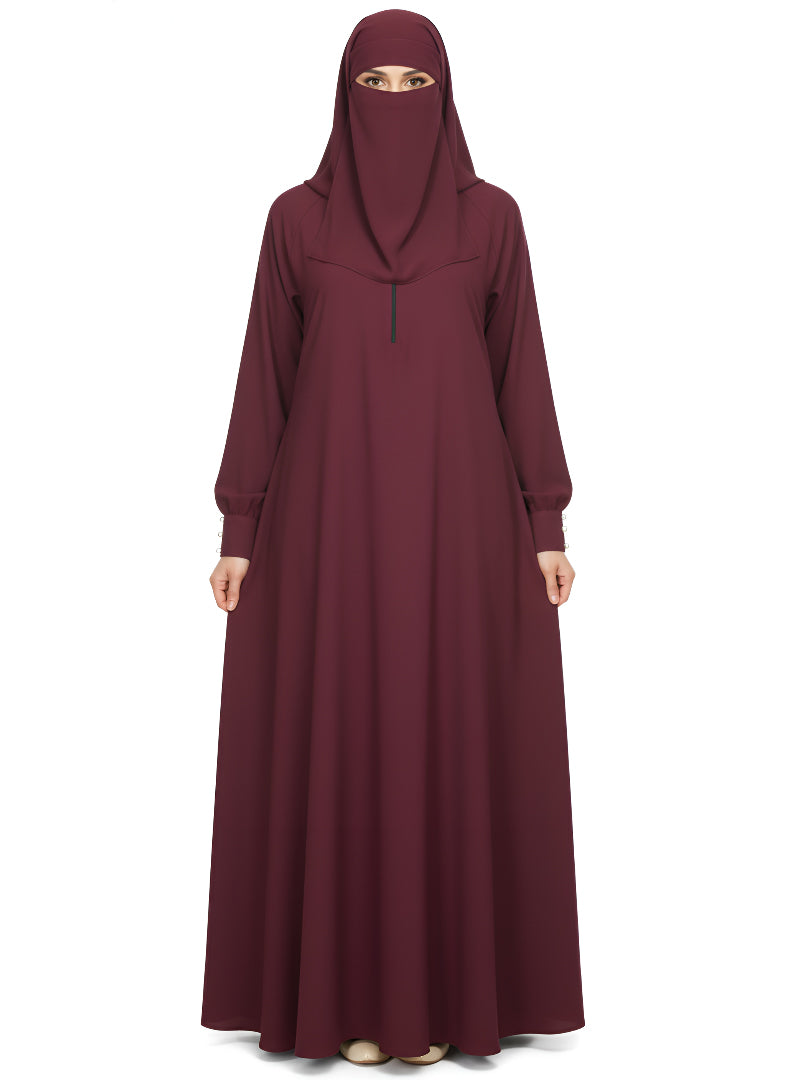Embossed Abaya with Elastic Sleeves – Soft Nida Fabric, A-Line Modest Design