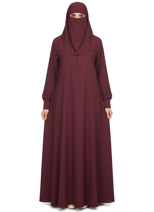 Embossed Abaya with Elastic Sleeves – Soft Nida Fabric, A-Line Modest Design