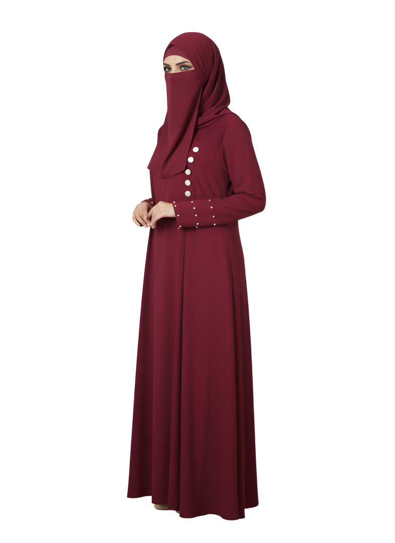 Wine Maroon A-Line Burqa Abaya with Button-Detail – Modest Fashion Maxi Dress