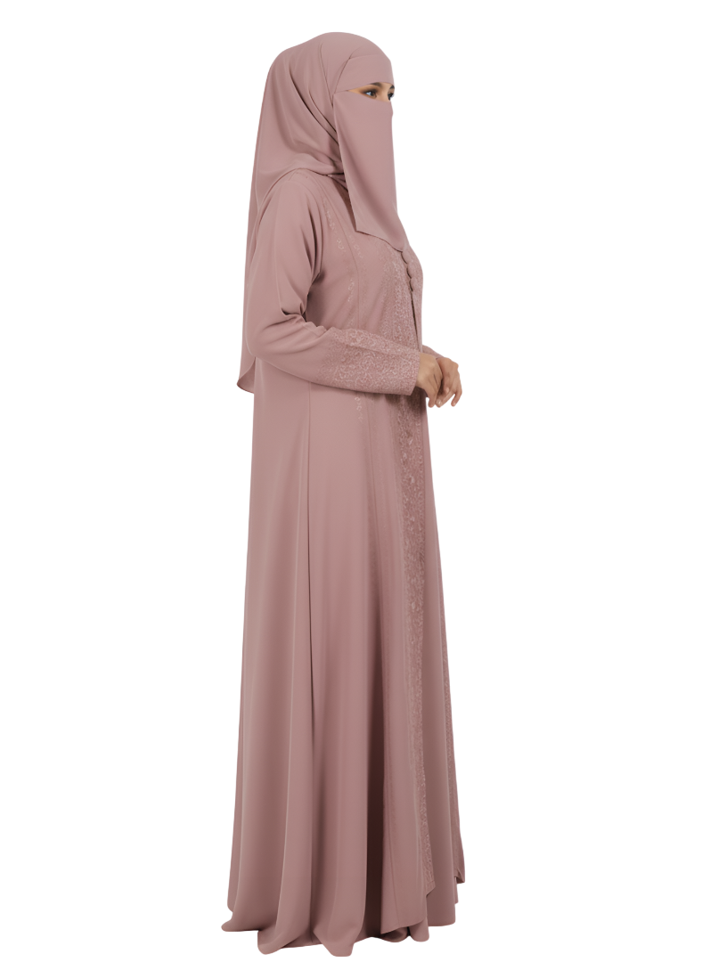 Classic Modest Wear Abaya – Embroidered Front Design in Rose Mauve Burqa