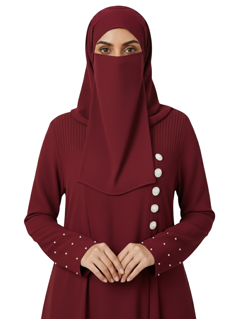 Wine Maroon A-Line Burqa Abaya with Button-Detail – Modest Fashion Maxi Dress