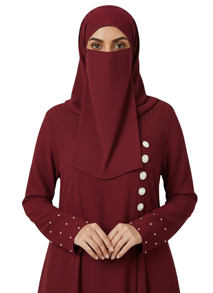 Wine Maroon A-Line Burqa Abaya with Button-Detail – Modest Fashion Maxi Dress