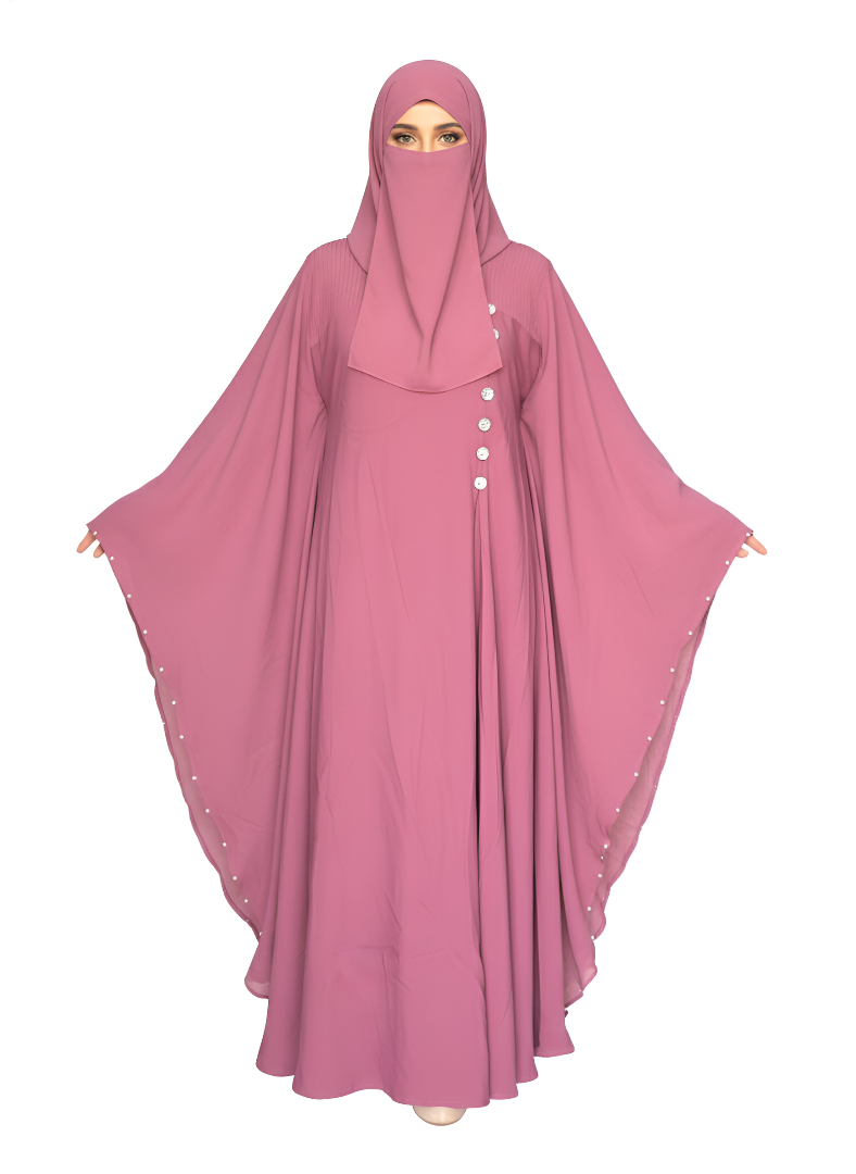 Women's Butterfly Abaya Burkha Rose Pink | Soft Premium Nida Fabric with Pearl Detailing