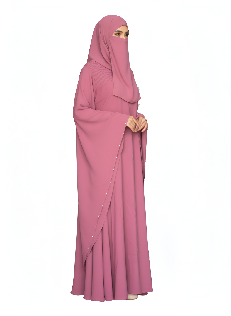 Women's Butterfly Abaya Burkha Rose Pink | Soft Premium Nida Fabric with Pearl Detailing