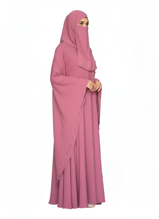 Women's Butterfly Abaya Burkha Rose Pink | Soft Premium Nida Fabric with Pearl Detailing