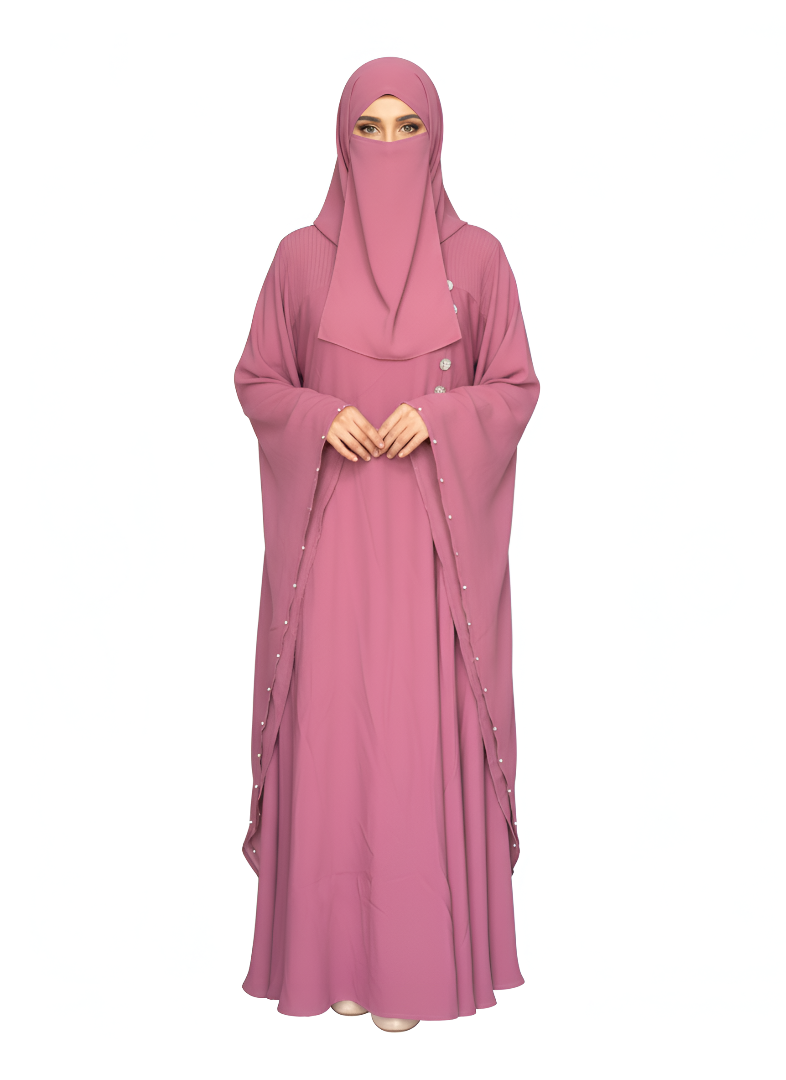 Women's Butterfly Abaya Burkha Rose Pink | Soft Premium Nida Fabric with Pearl Detailing