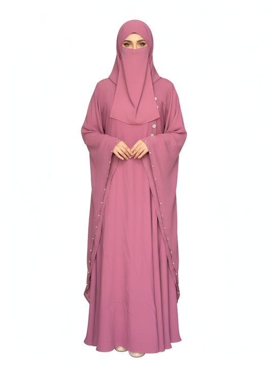 Women's Butterfly Abaya Burkha Rose Pink | Soft Premium Nida Fabric with Pearl Detailing